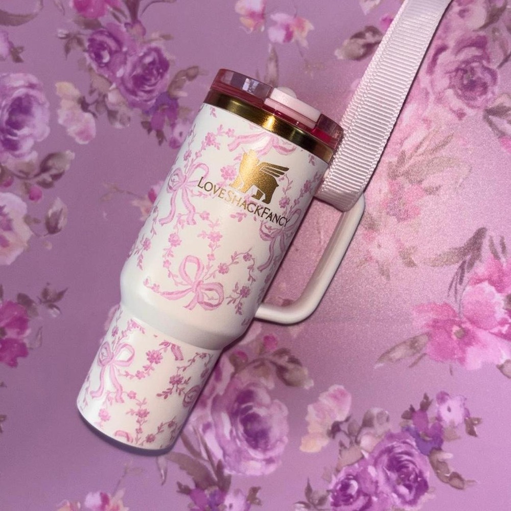 LoveShackFancy Stanley pink coquette bow design tumbler ornament